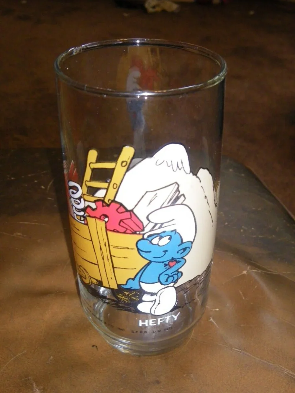 Vintage 1982 The Smurfs Hefty Smurf Clear Decorated Painted Promotional Glass